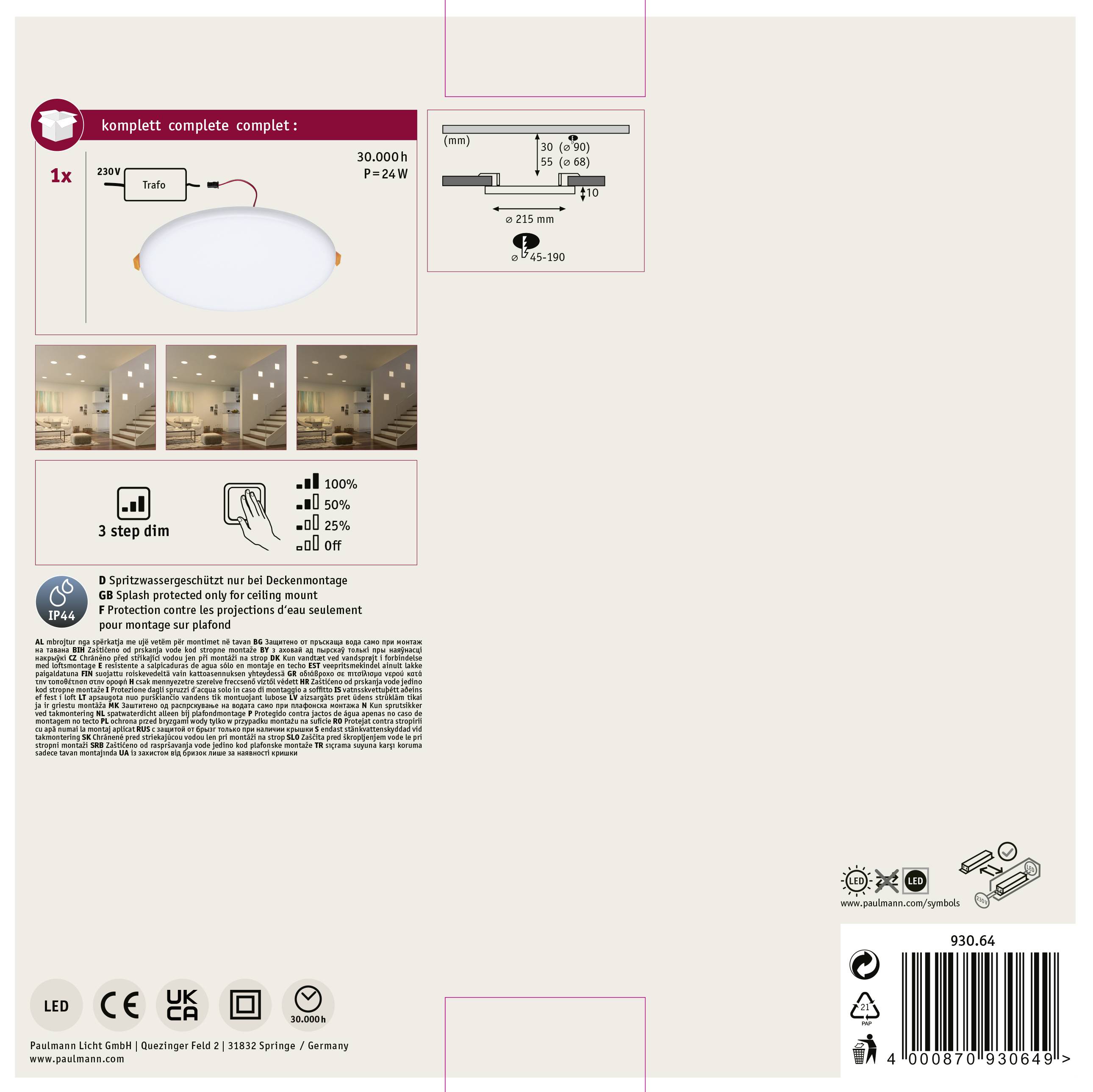 Paulmann 93064 EB Panel Veluna VariFit LED-Einbauleuchte 21W Satin