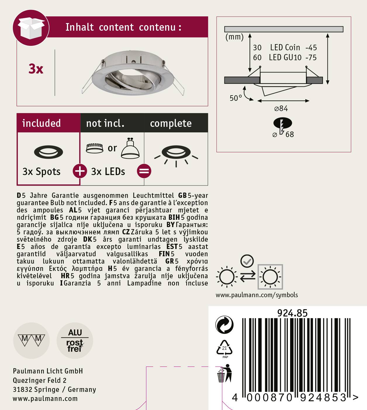 Paulmann 92485 EBL Choose Einbauring 3er Set 10W Eisen (gebürstet)