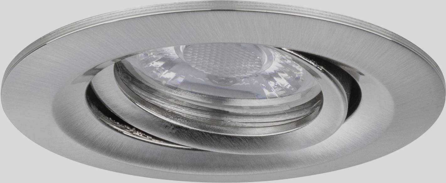 Einbauleuchte mit rundem Metallrahmen und zentralem LED-Spot. Die Oberfläche ist gebürstetes Metall in Silberoptik.