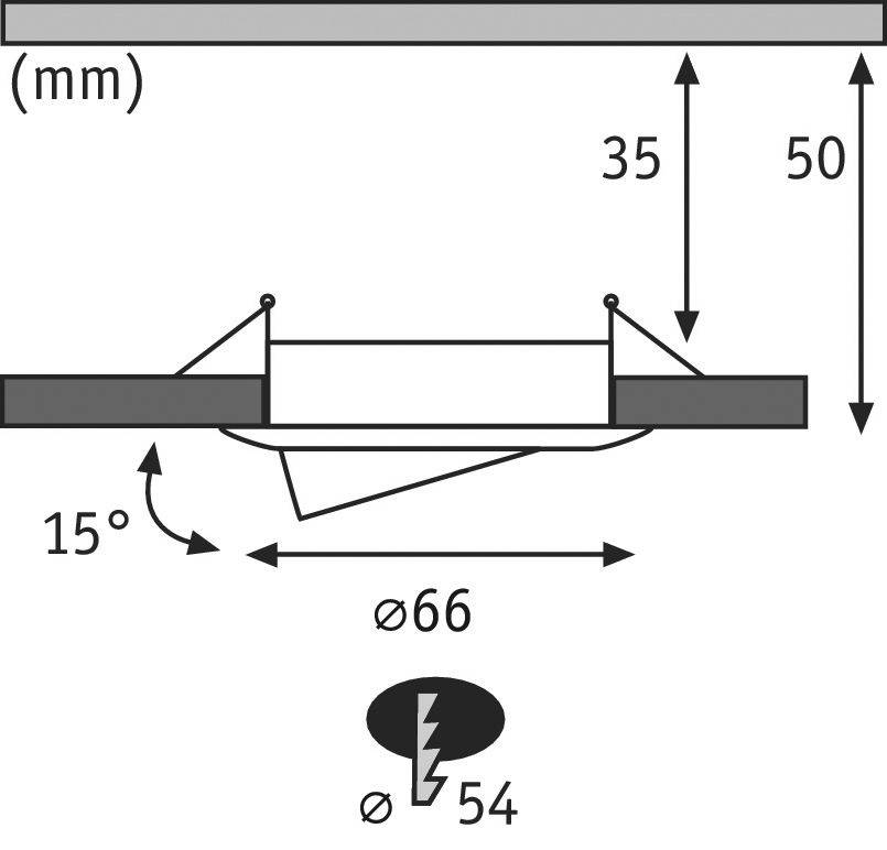 Diagramm eines Einbauspots, Durchmesser 66 mm, Einbauhöhe 50 mm, Neigungswinkel 15°, Schnittöffnung 54 mm.