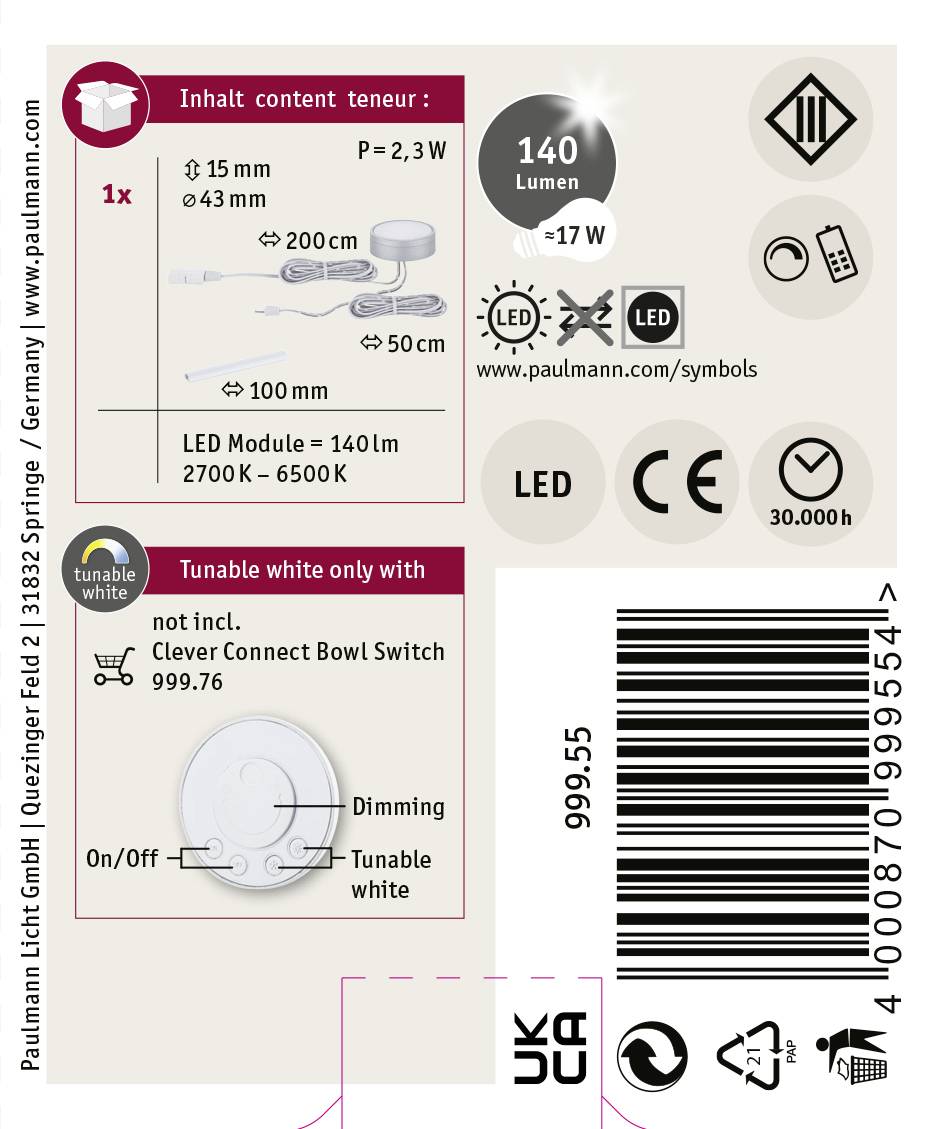 Paulmann CC Medal Unterbauleuchte 2.30W Warmweiß Chrom