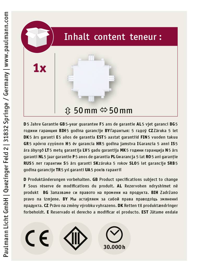'Inhalt content teneur: 1x' zeigt ein technisches Produkt mit Maßen 50mm x 50mm. Beinhaltet Hinweise zu Garantien und Sicherheit.