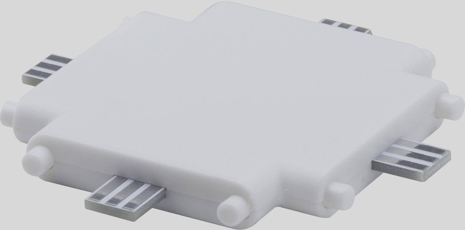 Ein rechteckiges weißes elektronisches Bauteil mit vier seitlichen Metallkontakten, möglicherweise ein Chip oder ein Modul.