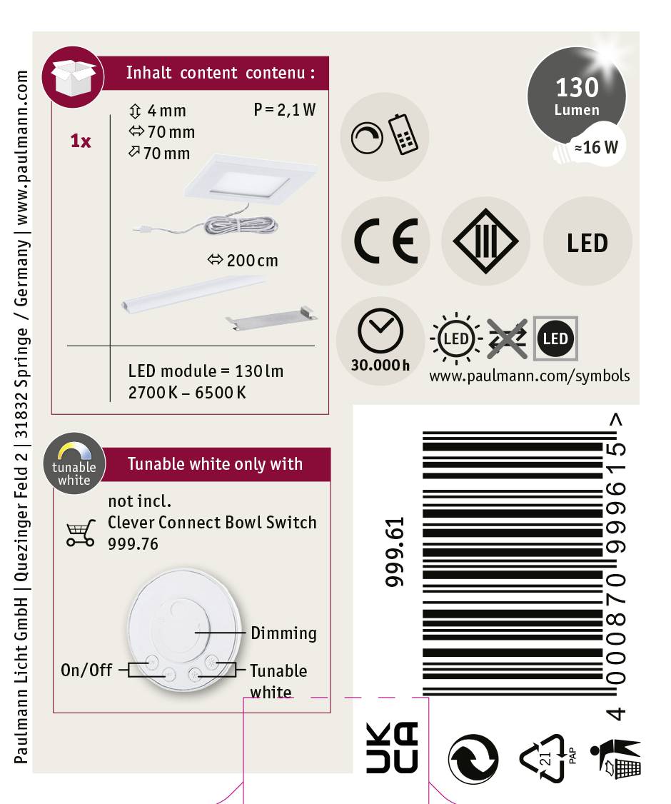 Paulmann CC Pola Unterbauleuchte 2.50W Warmweiß Weiß