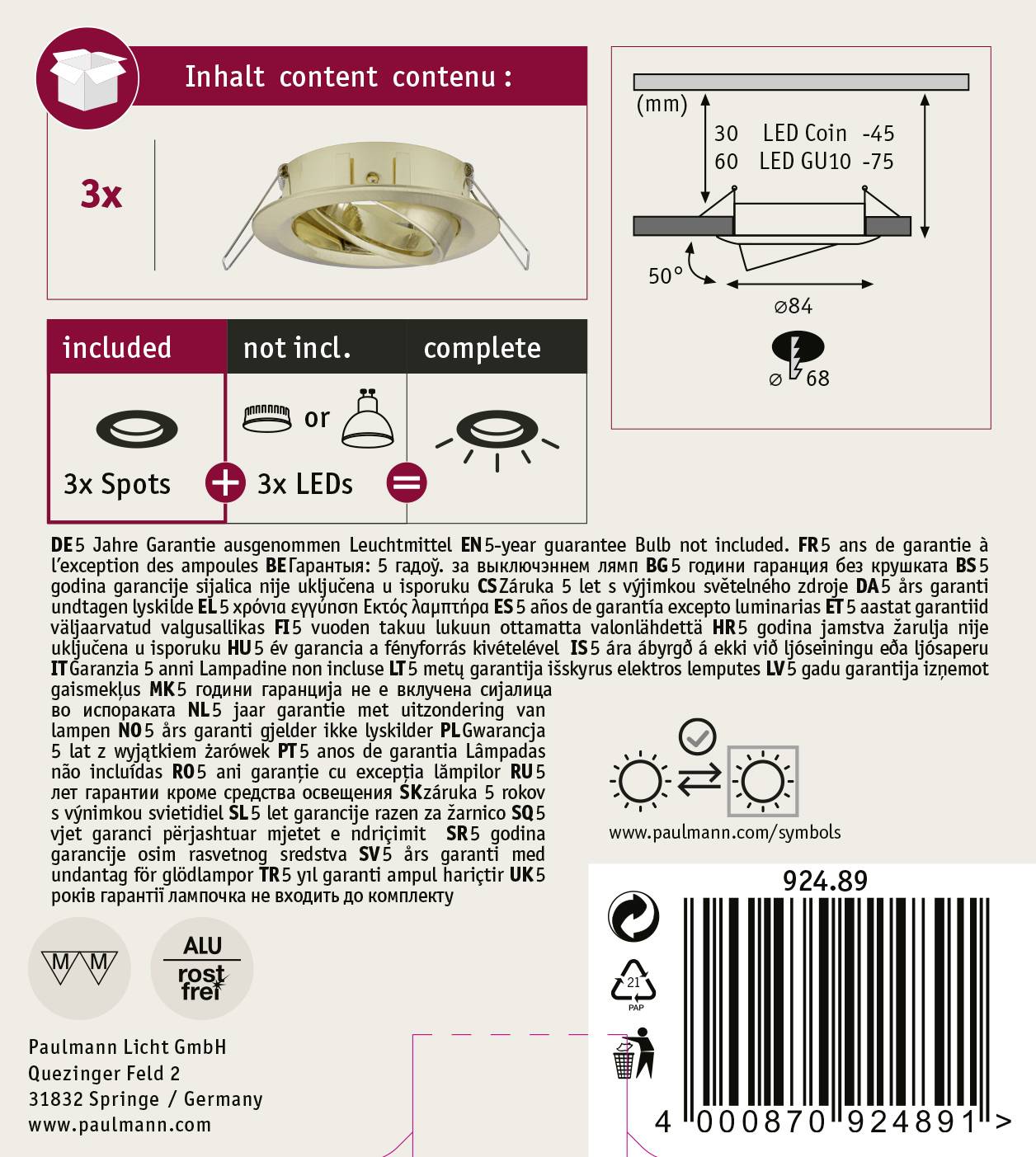 Paulmann 92489 EBL Choose Einbauring 3er Set 10W Messing (gebürstet)