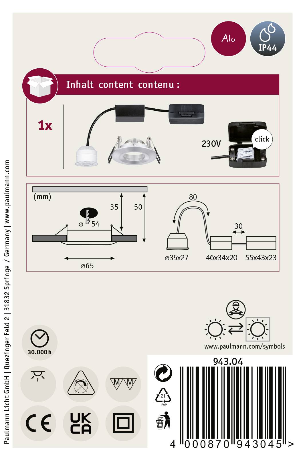 Paulmann 94304 EBL Nova mini Coin LED-Einbauleuchte 4W Aluminium