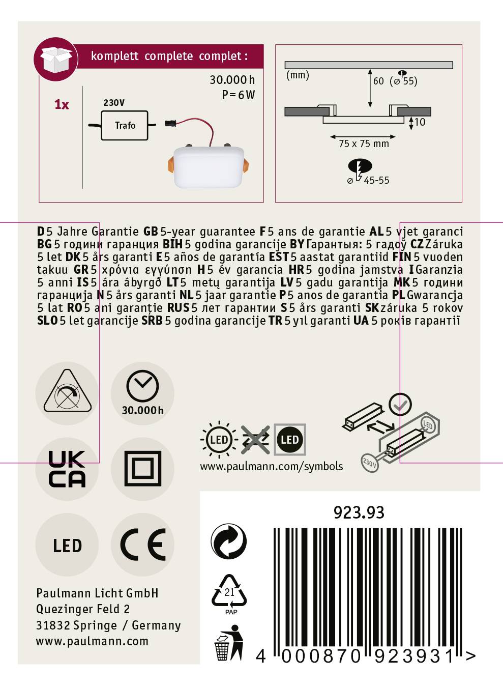 Paulmann 92393 EB Panel Veluna VariFit LED-Einbauleuchte 4.50W Satin