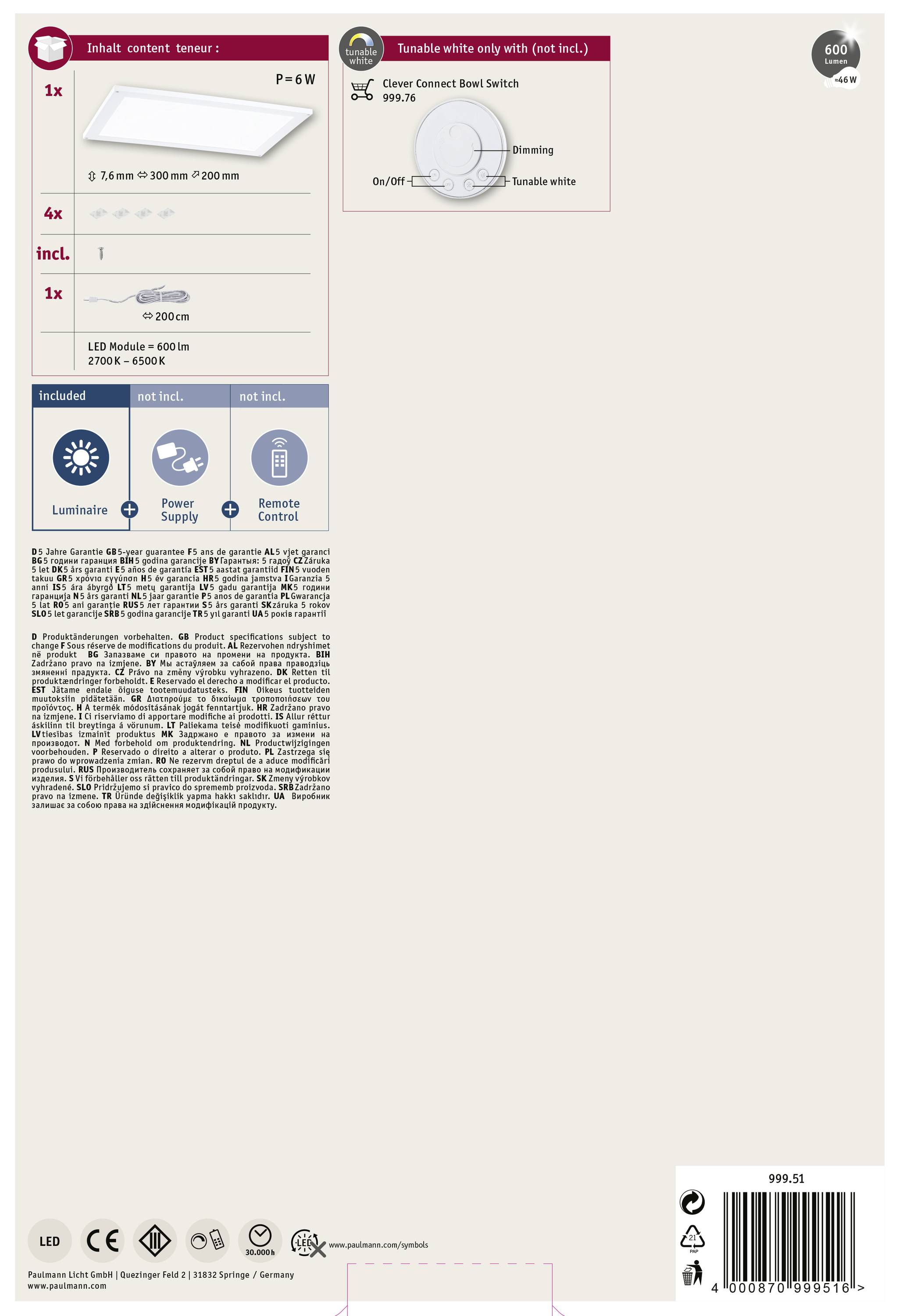 Paulmann CC Flad Unterbauleuchte 6W Warmweiß Weiß