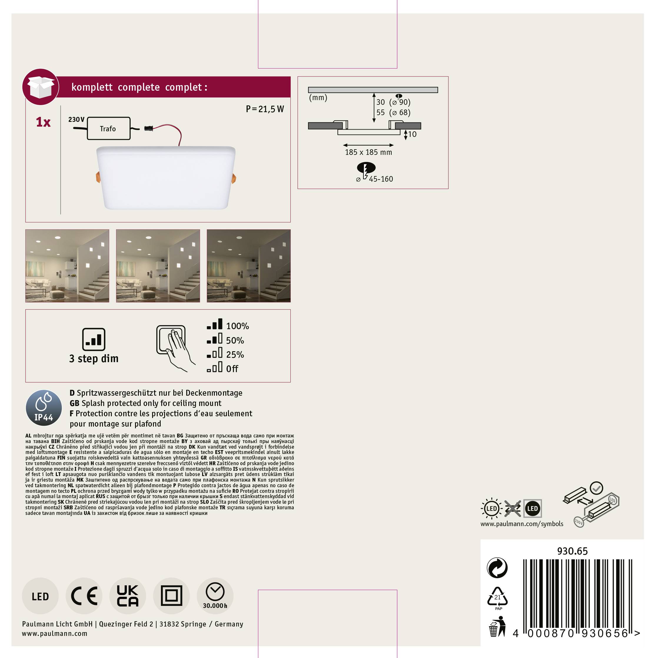 Paulmann 93065 EB Panel Veluna VariFit LED-Einbauleuchte 17.50W Satin