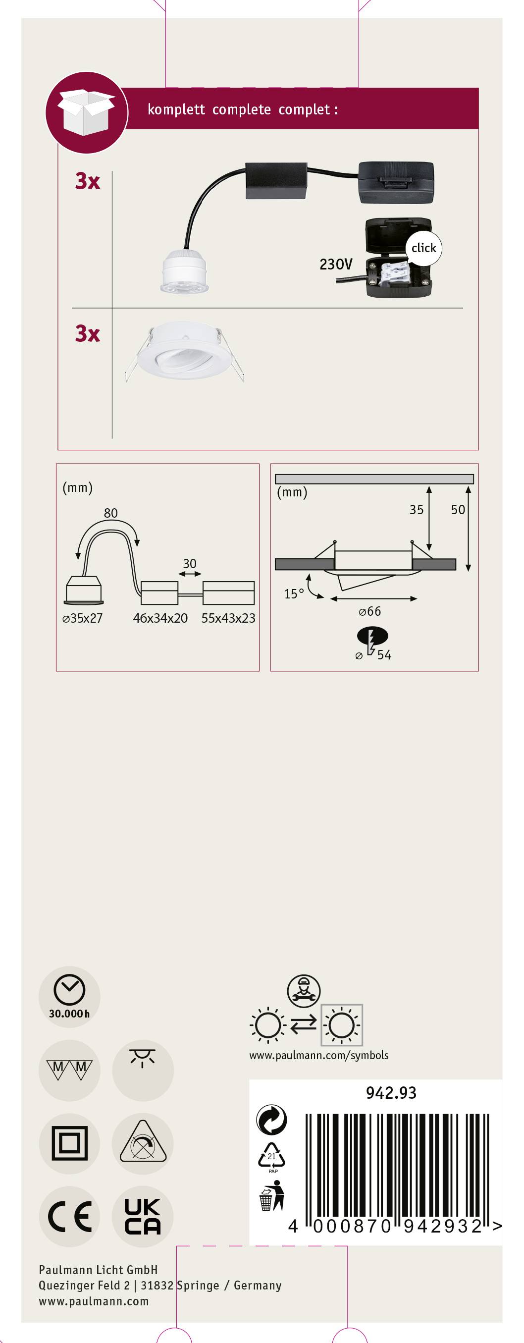 Paulmann 94293 EBL Nova mini Coin LED-Einbauleuchte 3er Set 4W Weiß