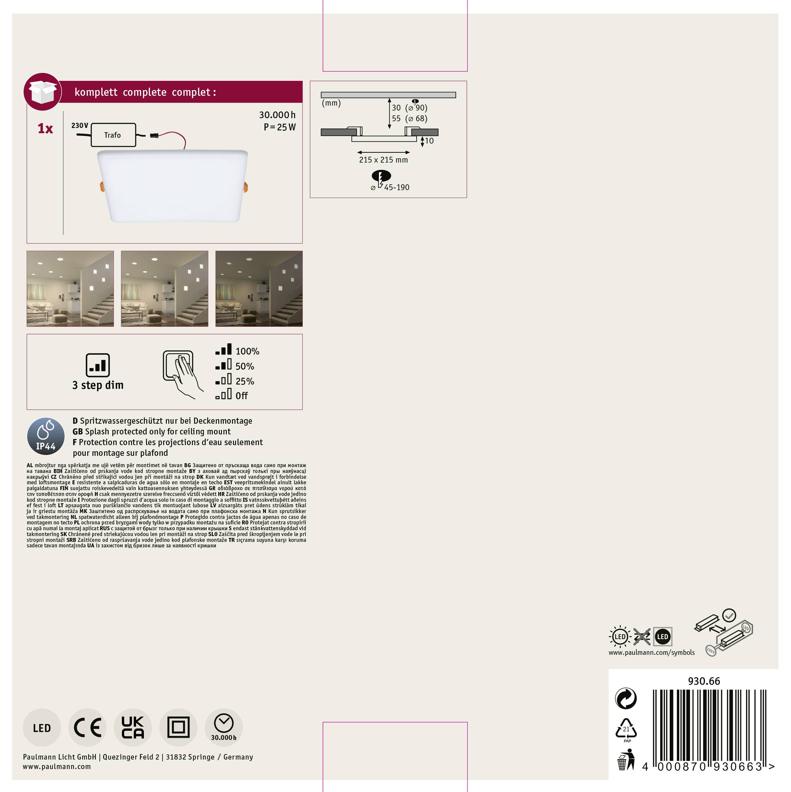 Paulmann 93066 EB Panel Veluna VariFit LED-Einbauleuchte 22W Satin