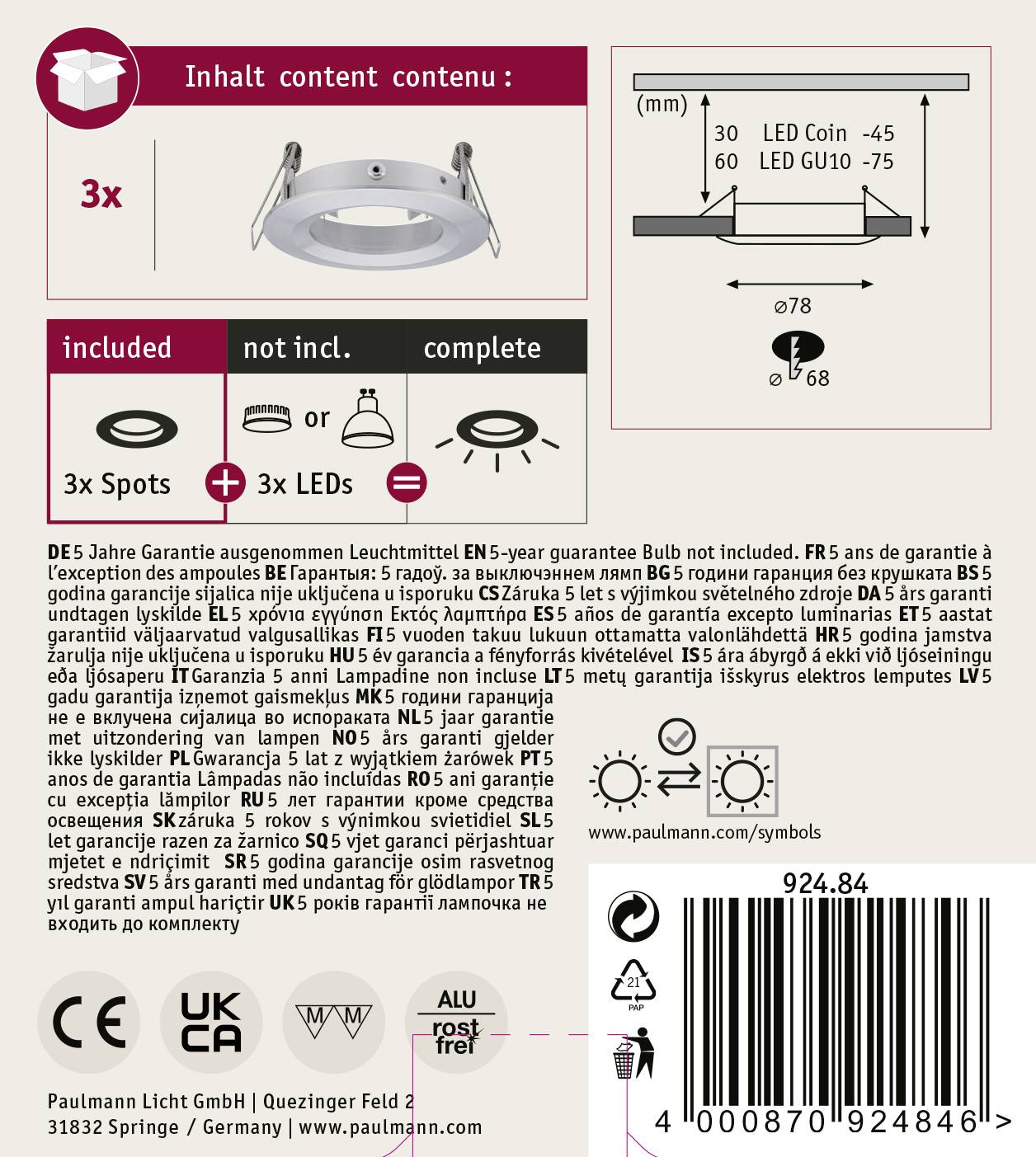 Paulmann 92484 EBL Choose Einbauring 3er Set 10W Aluminium (gedreht)