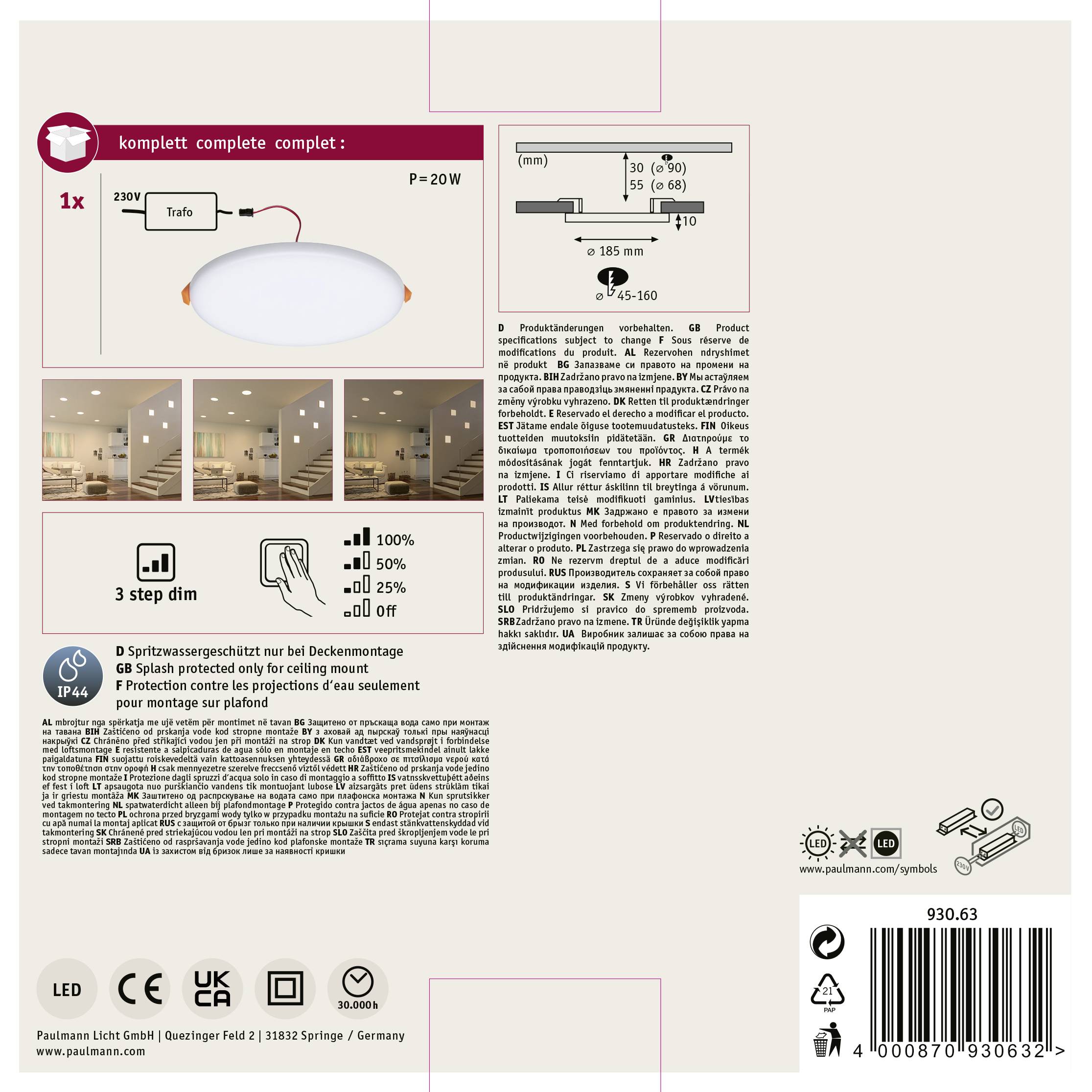 Paulmann 93063 EB Panel Veluna VariFit LED-Einbauleuchte 17W Satin