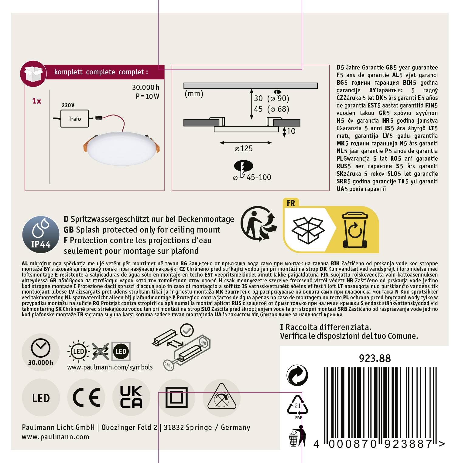 Paulmann 92388 EB Panel Veluna VariFit LED-Einbauleuchte LED 10 W Satin