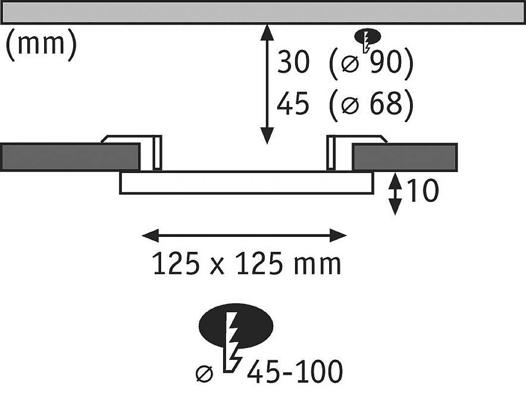 Technische Zeichnung: Vertikalschnitt einer Dunstabzugshaube, Abmessungen angegeben: 125 x 125 mm, Höhe 10 mm. Rohrdurchmesser 45 bis 100 mm, Positionen und Durchmesser für Schraubenlöcher (30 mm, Ø90/45 mm, Ø68).