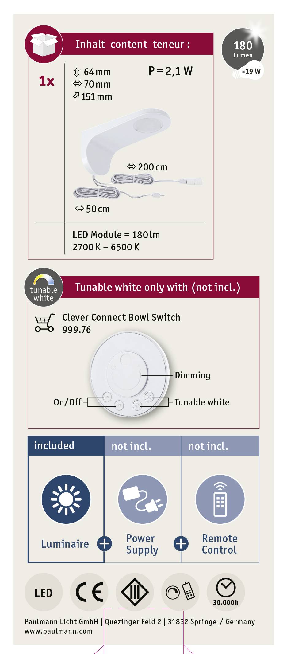 Paulmann CC Neda Unterbauleuchte 2.10W Warmweiß Weiß