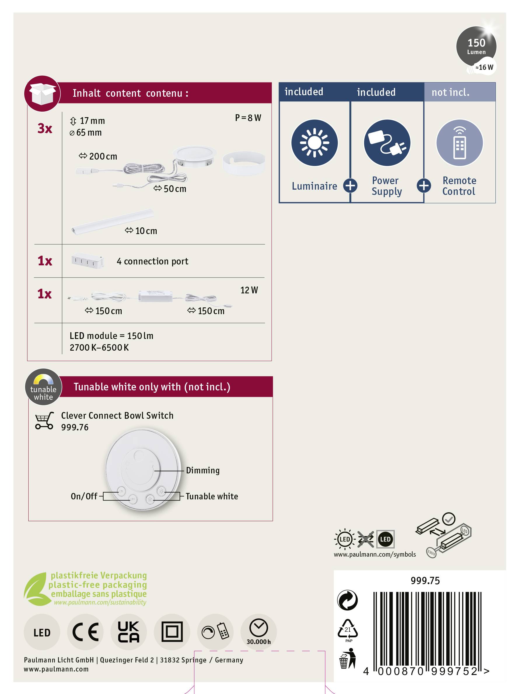 Paulmann CC Start Disc Unterbauleuchte 3er Set 2.10W Warmweiß Weiß