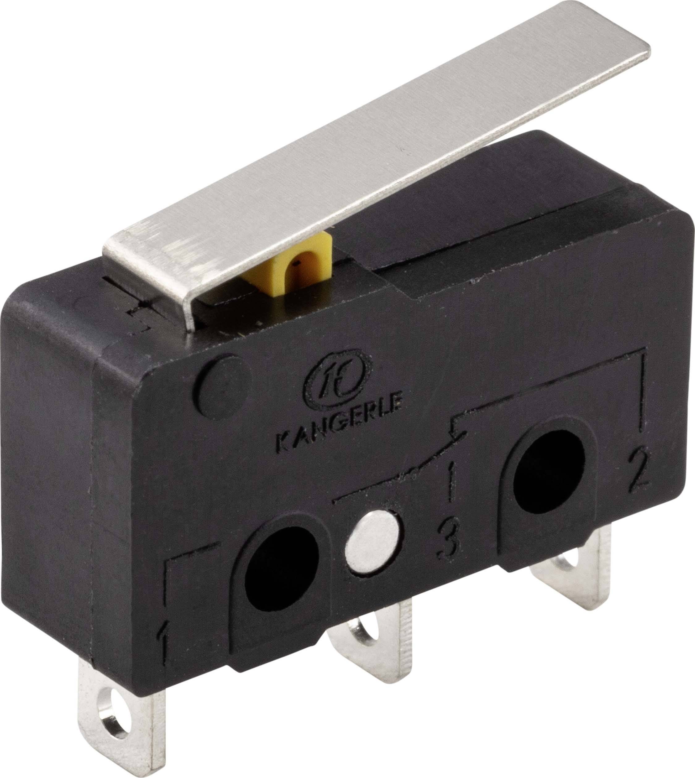 Miniatur-Mikroschalter mit Metallhebel, Gehäuse aus schwarzem Kunststoff, drei Anschlussklemmen, geeignet für elektrische Anwendungen.