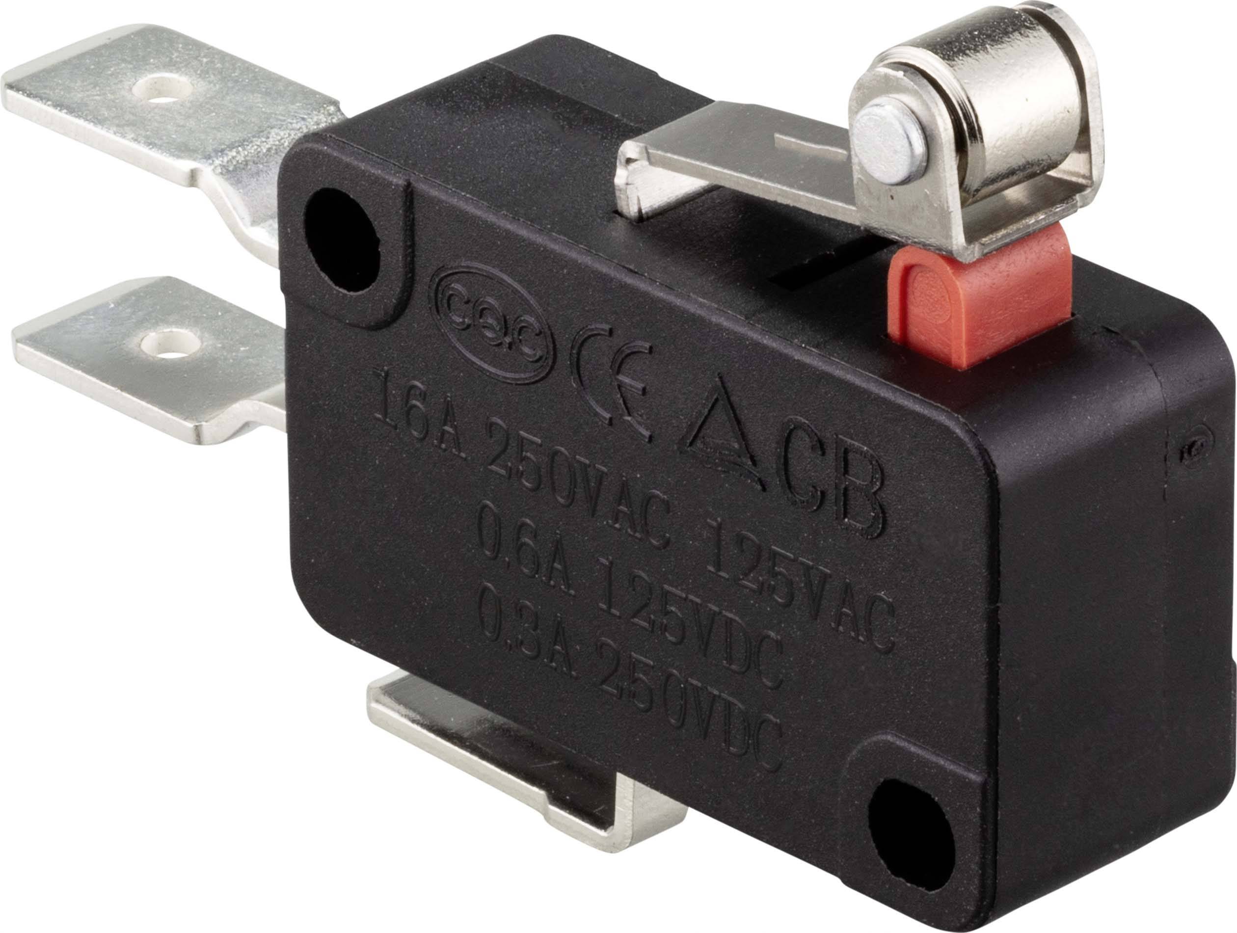 Mikroschalter mit Hebel, geeignet für 16A, 250VAC. Rechteckiges Gehäuse, elektrische Anschlüsse, rote Betätigungstaste oben.