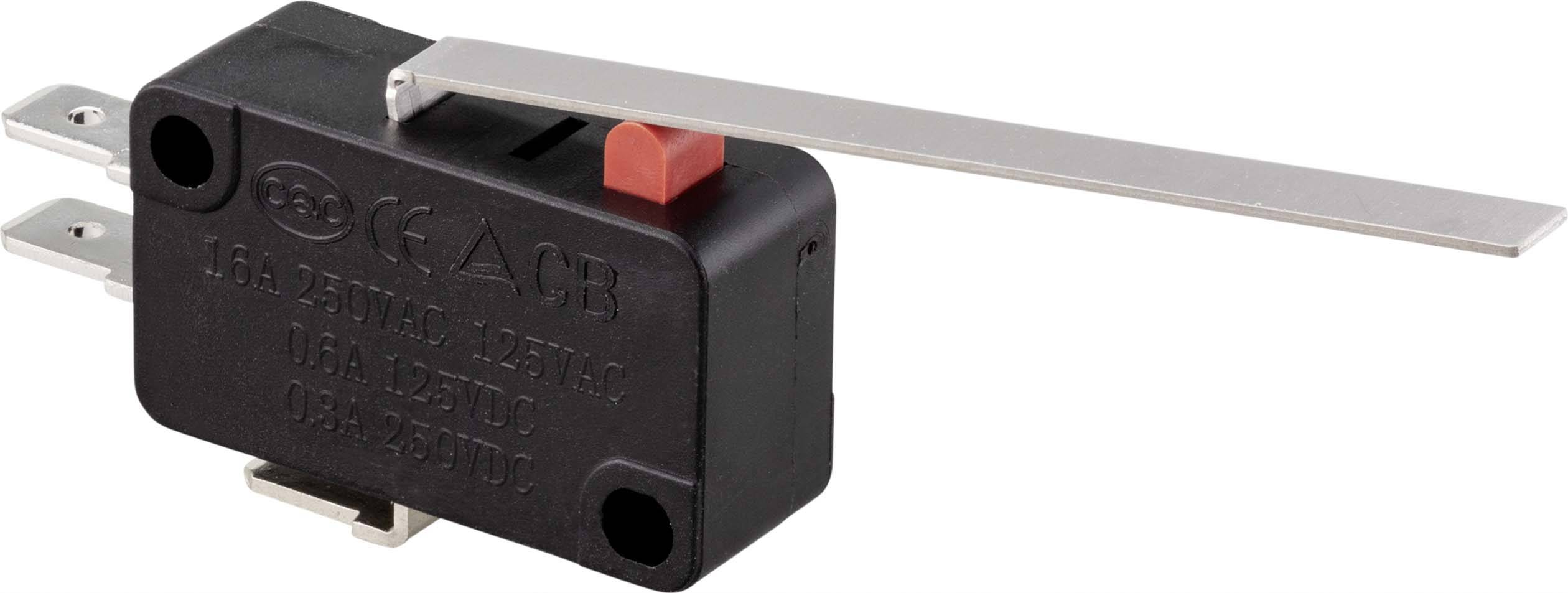 Ein schwarzer Mikroschalter mit langem Hebelarm, roten und silbernen Details, wird für präzise Elektro- oder Maschinensteuerung eingesetzt.