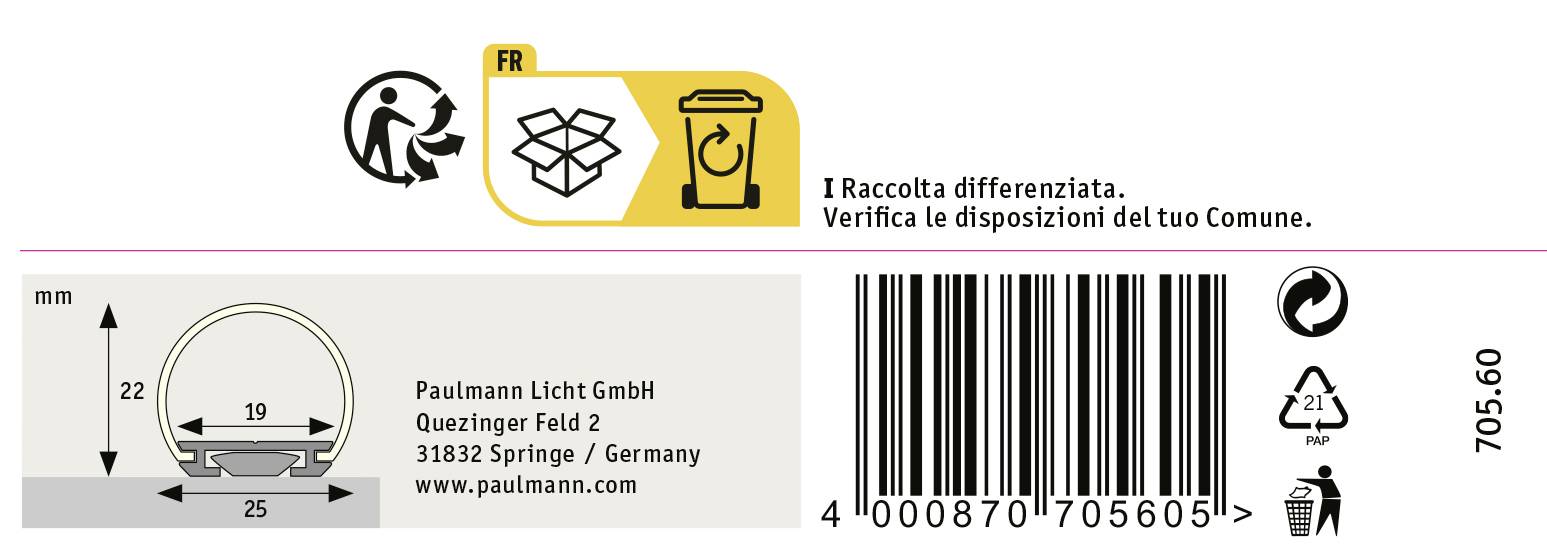 Eine Verpackung mit Recycling-Symbolen und Barcode. Zeigt Maße in Millimetern: Durchmesser 25, Höhe 22. Hersteller: Paulmann Licht GmbH.