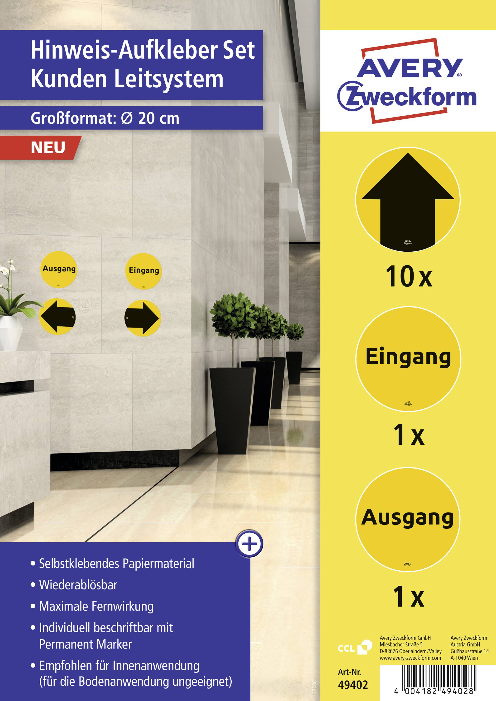 Avery-Zweckform 49402 Hinweisschild Ausgang, Eingang, Pfeil Folie selbstklebend (Ø) 20 mm 20 mm 12 St.