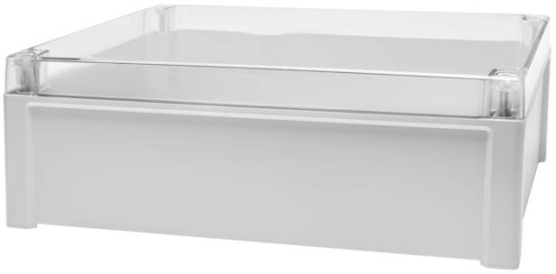 Ein transparentes Kunststoff-Aufbewahrungsbehälter mit einem weißen Boden und klarem Deckel, ideal zum Ordnen und Stapeln von Gegenständen.