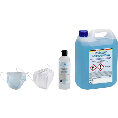Hygiene-Set 2x 50 St. Vlies Community Maske, 2x 5 St. Pandemie-Atemschutzmaske (CPA), 500 ml Powerpearl Handdesinfektion, 5 l Alk
