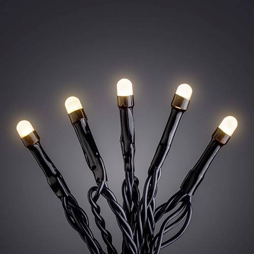 Eine Gruppe leuchtender, warmweißer LED-Lichter an schwarzen Kabeln, die sich wie ein Strauß zur Seite neigen.