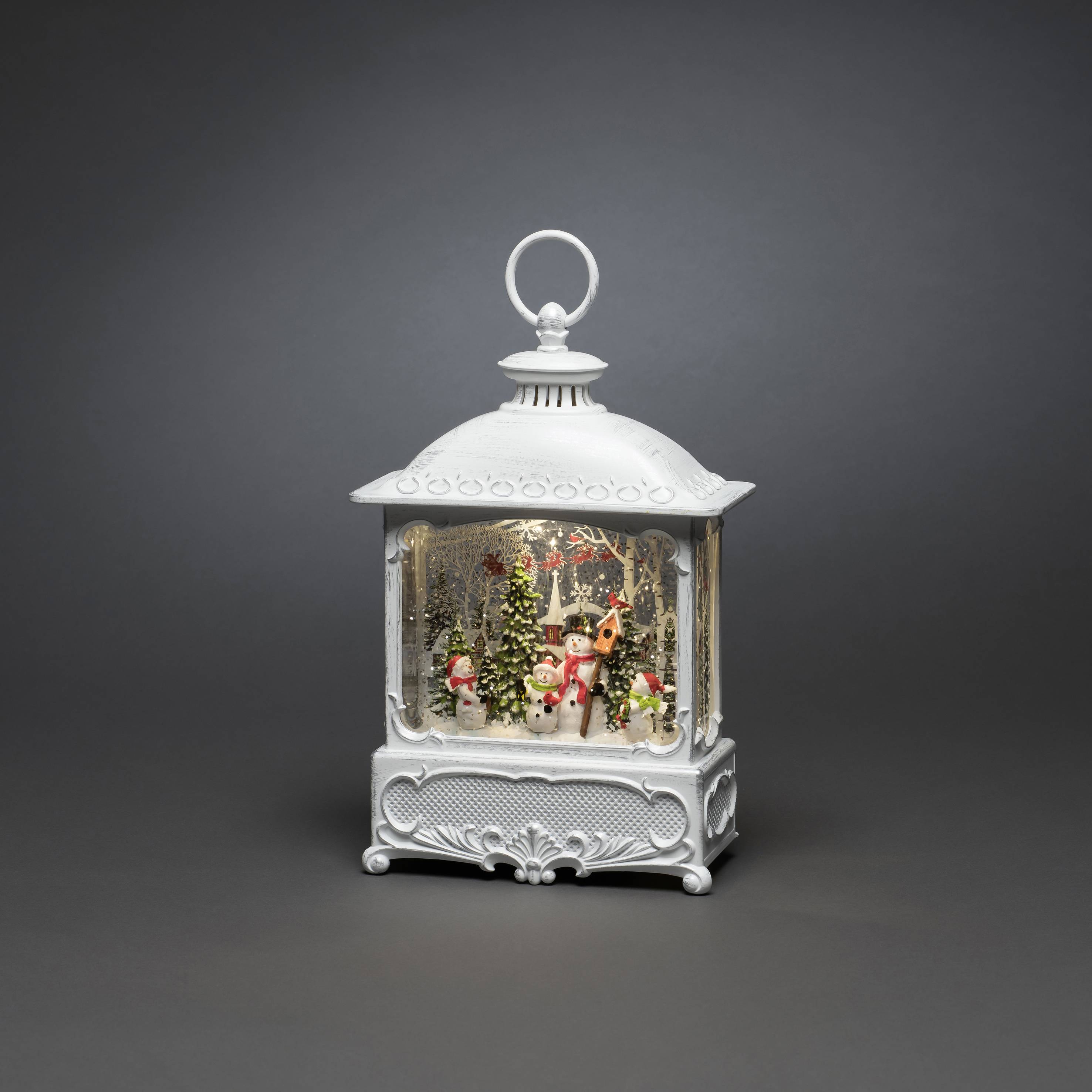 Konstsmide 4396-200 LED-Laterne Weihnachtsmänner mit Vögeln Warmweiß LED Weiß mit Wasser gefüllt, Timer, beschneit, mit Schalter