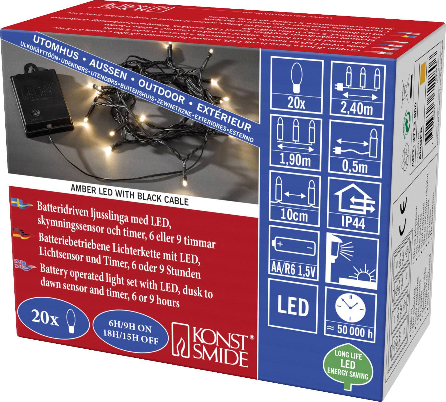 Konstsmide 3722-800 Mini-Lichterkette Außen batteriebetrieben Anzahl Leuchtmittel 20 Beleuchtete Länge: 1.9 m Timer, mit Schalter, mit Dämmerun