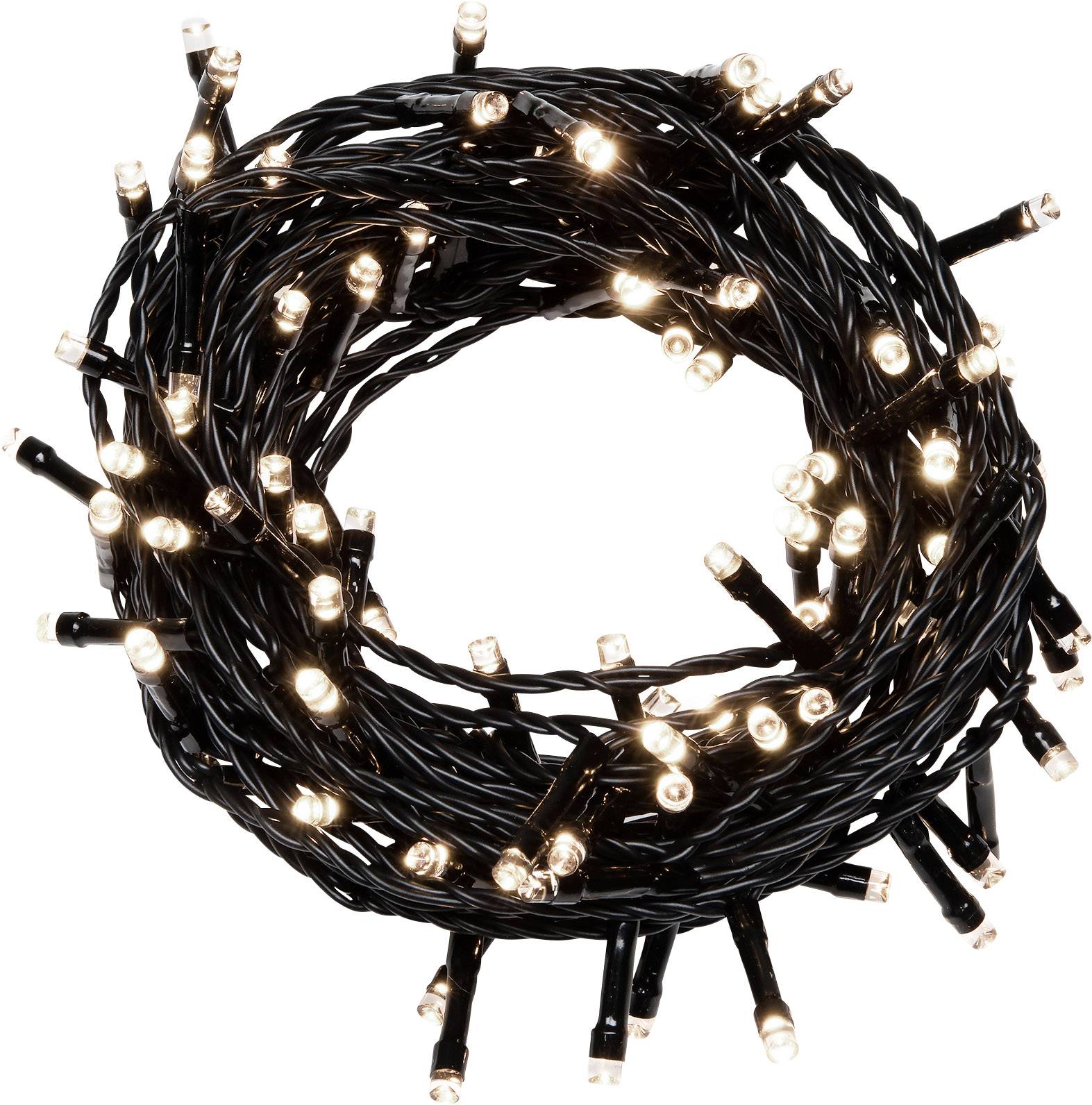 Ein Ring aus schwarz-kabeligen Lichterketten mit leuchtenden, warmweißen LED-Lichtern.
