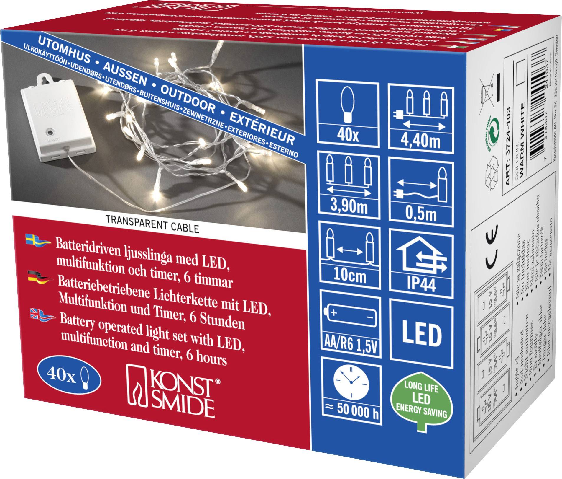 Konstsmide 3724-103 Mini-Lichterkette Außen batteriebetrieben Anzahl Leuchtmittel 20 LED Warmweiß Beleuchtete Länge: 1.9m Timer