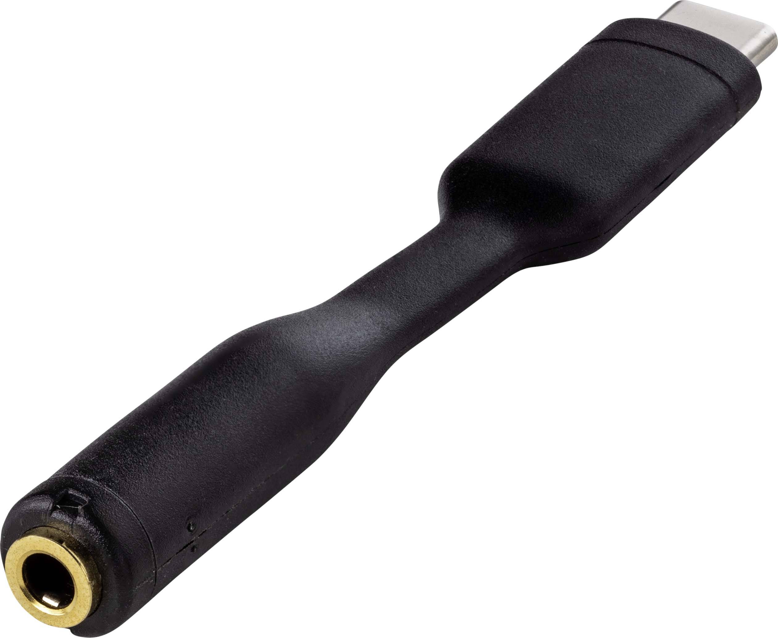 Schwarzer Adapter mit einem USB-C-Stecker an einem Ende und einer 3,5-mm-Klinkenbuchse am anderen Ende für Audiogeräte.