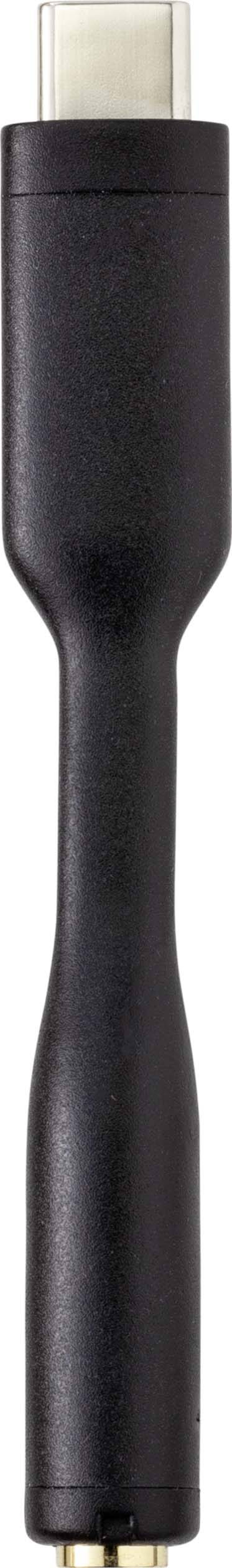 Ein schwarzer Adapter mit einem USB-C-Anschluss oben und einem Kopfhöreranschluss unten.