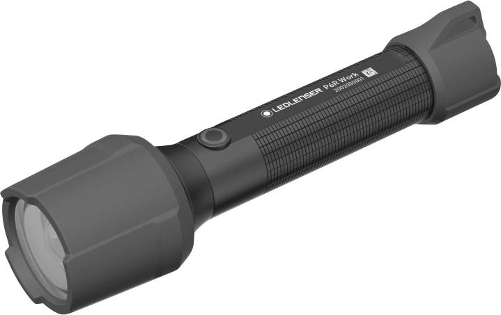 Schwarze Taschenlampe mit strukturiertem Griff und Power-Knopf in der Mitte, geeignet für Outdoor-Aktivitäten.
