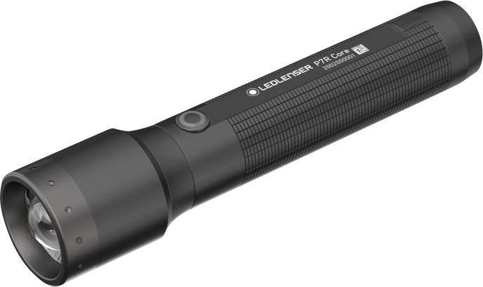 Schwarze LED-Taschenlampe mit rutschfestem Griff, seitlichem Knopf und moderner Optik, Modell 'LED Lenser P17R Core'.