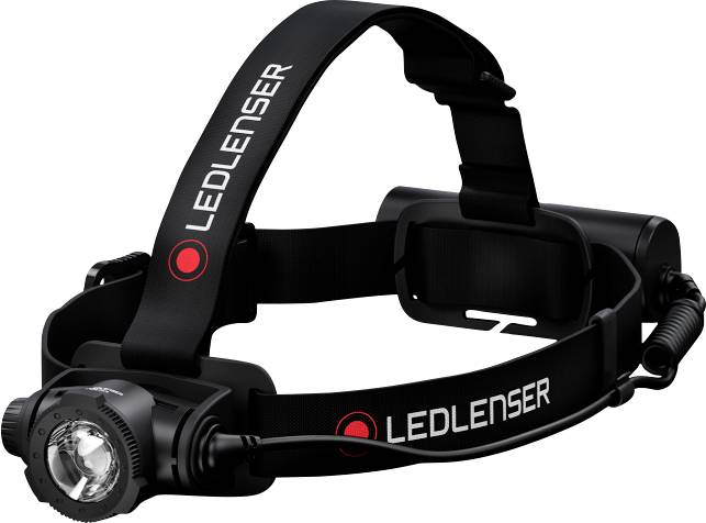 Stirnlampe mit elastischem Band, schwarzer Farbe. Die Leuchte ist vorne angebracht und das Batteriefach hinten. Marke: Ledlenser.