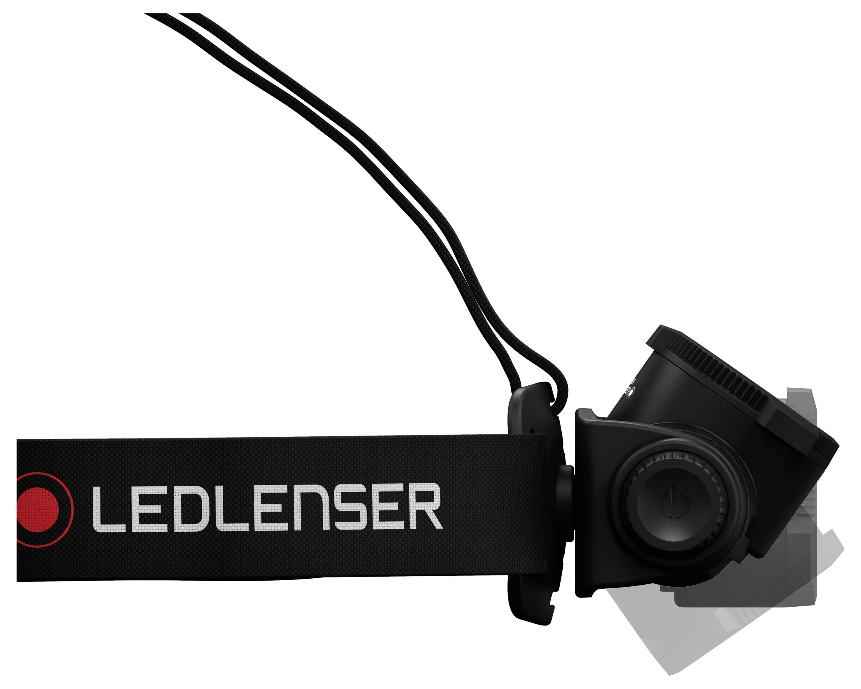 Stirnlampe mit verstellbarem Kopf, schwarzem Band und der Aufschrift 'Ledlenser' darauf, geeignet für Outdoor-Aktivitäten.
