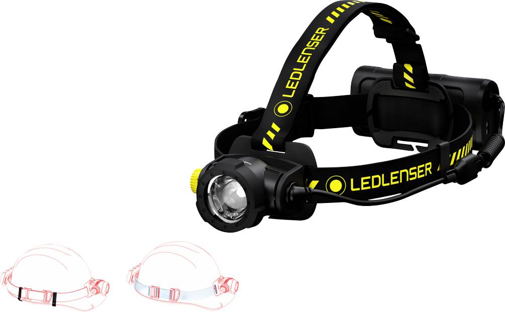 Stirnlampe mit schwarzem und gelbem Design, auf einem Helm montierbar. Links unten Skizzen zur Befestigung an Helmen.