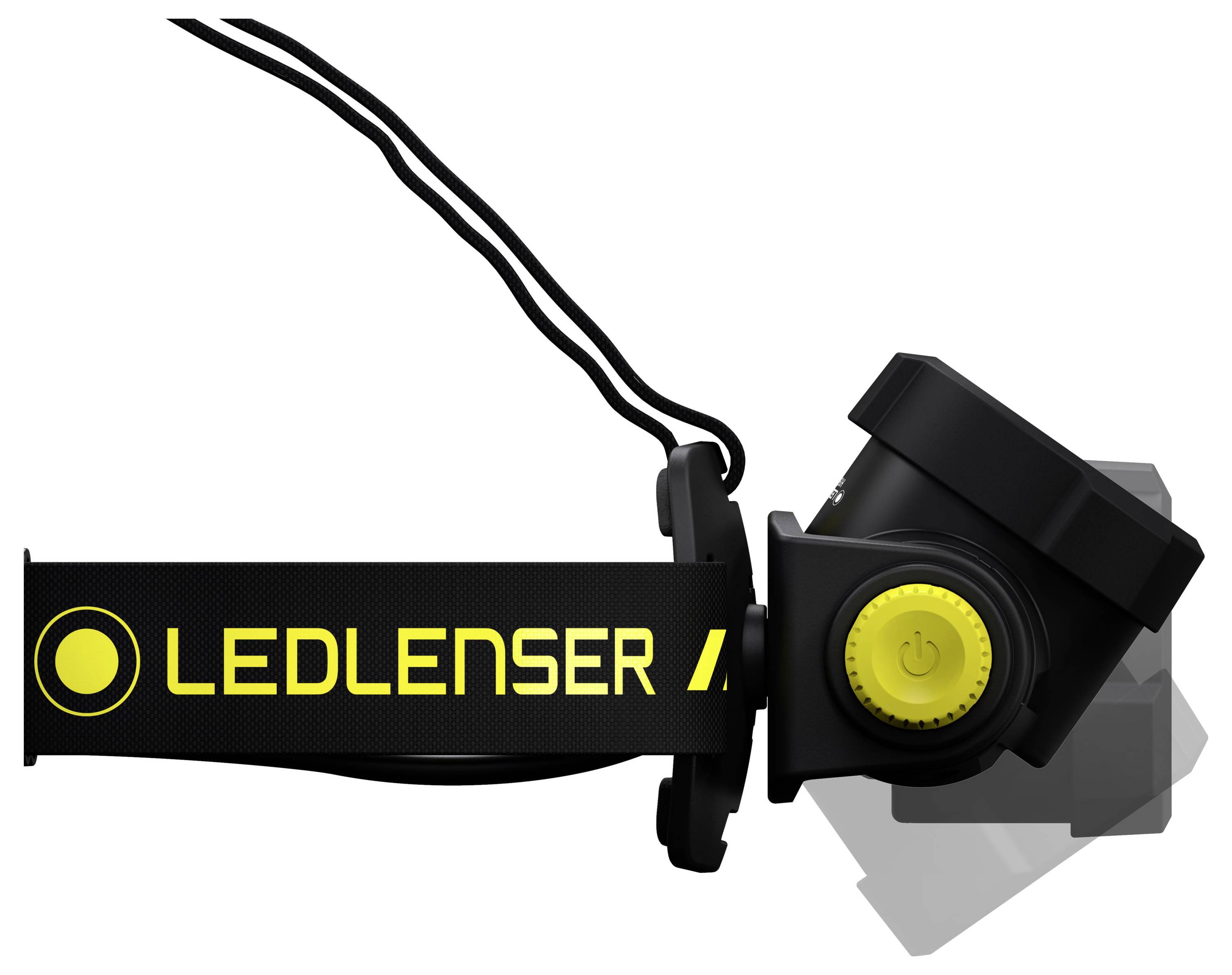 Kopflampe von LEDLENSER in Schwarz mit gelben Akzenten, seitlich gezeigt.