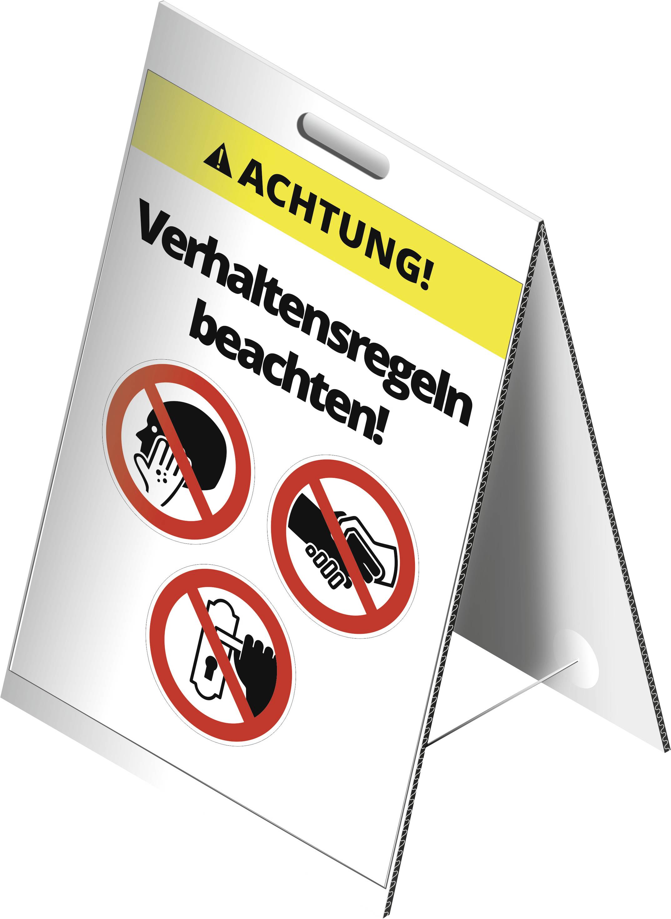 Dreieckiges Warnschild mit Aufschrift 'Verhaltensregeln beachten!' und Piktogrammen: Gesicht berühren, Hände schütteln, Handhygiene.