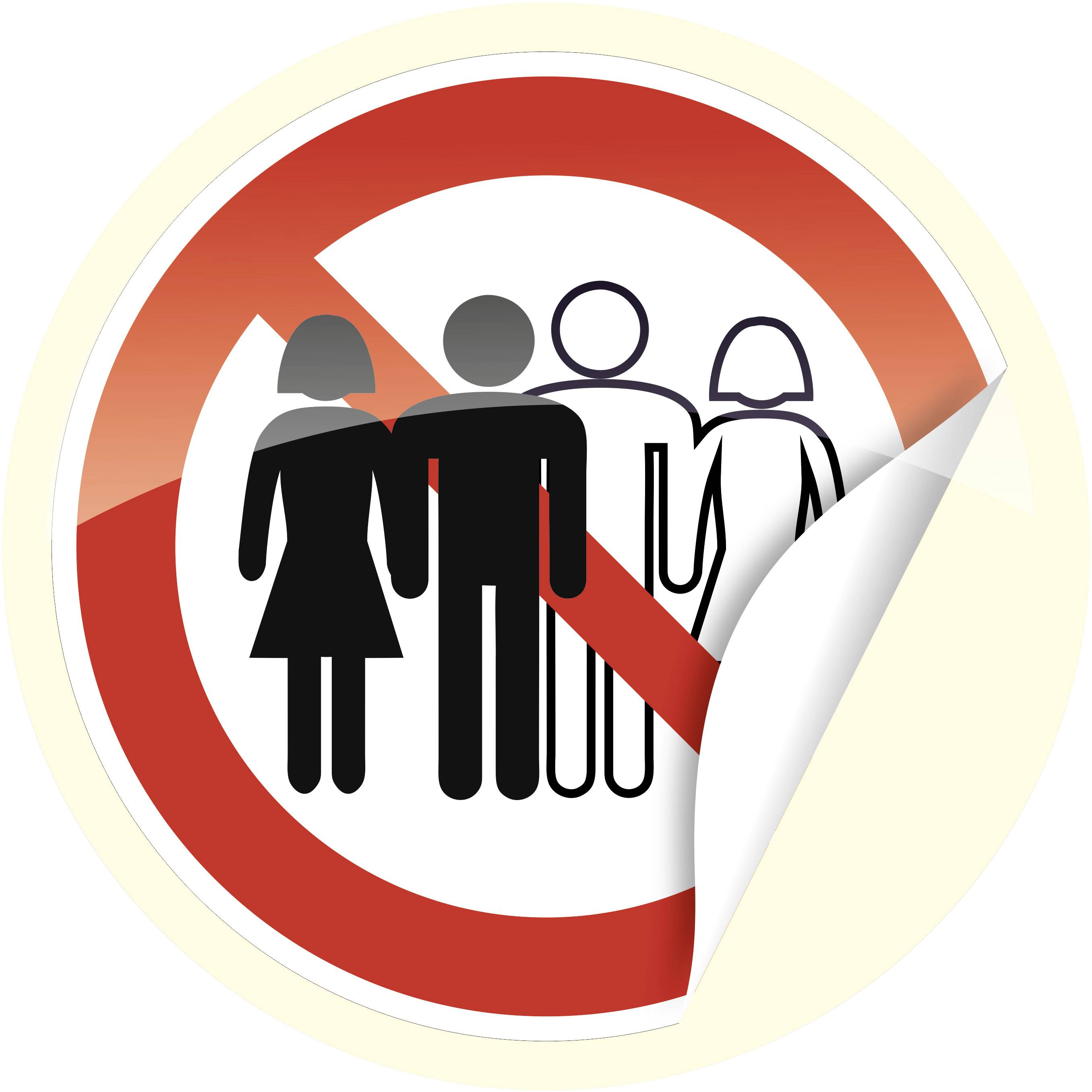 Symbol eines roten Kreises mit einem Querstrich, der eine Gruppe von Menschen zeigt, was Gruppenansammlungen verbietet.