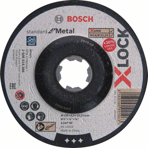 Schleifscheibe von Bosch für Metall, Modell X-LOCK, Durchmesser 125 mm, Dicke 6 mm, mit 22,23 mm Loch, ISO-zertifiziert.