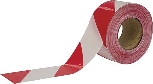 Eine rote und weiße Absperrbandrolle, die häufig zur Markierung gefährlicher Bereiche verwendet wird.