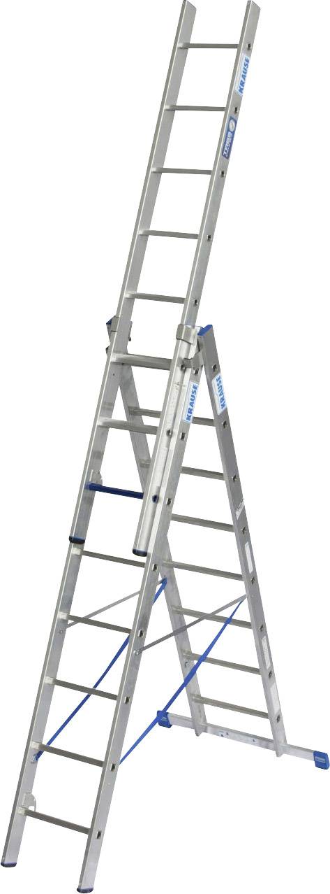 Metallische Teleskopleiter mit drei Teilen, ausgezogen für maximale Länge, geeignet für hohe Arbeiten oder schwer erreichbare Stellen.