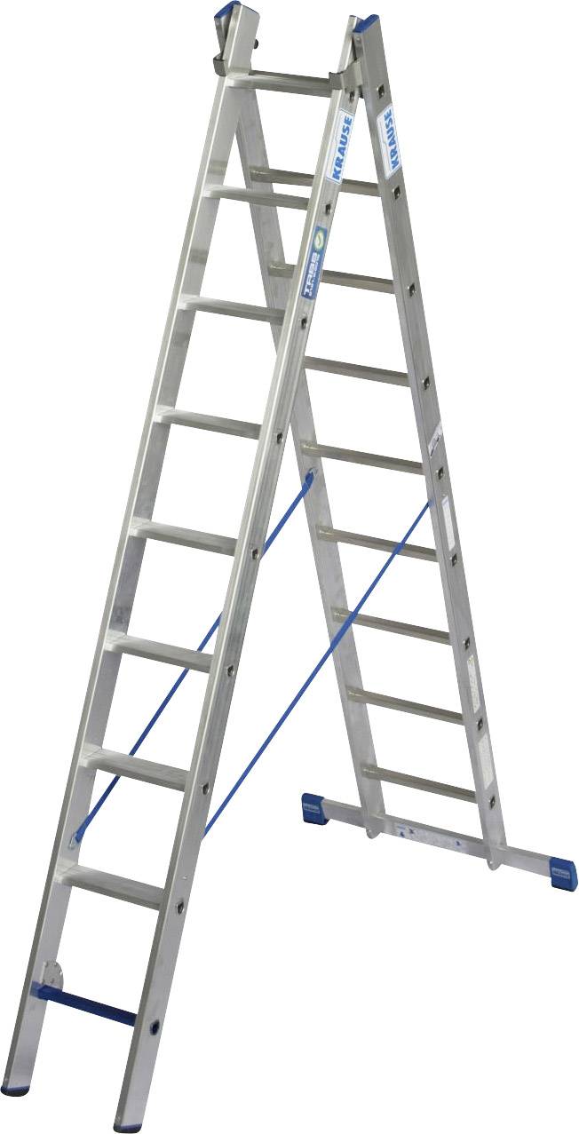 Eine silberne Aluminiumleiter mit blauen Streben, ausgeklappt im A-Frame-Stil, steht stabil auf einem weißen Hintergrund.