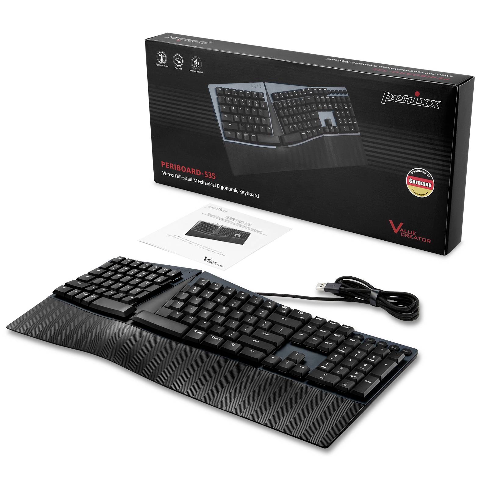 Perixx PERIBOARD-535 BR DE USB Tastatur Deutsch, QWERTZ Schwarz Ergonomisch