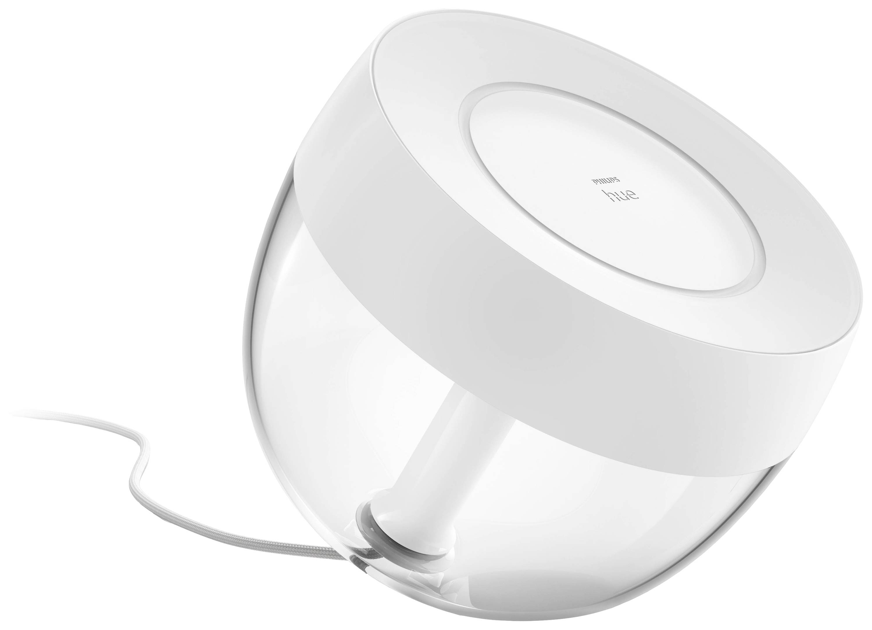 Moderne, runde weiße Tischlampe mit durchsichtigem Schirm, leicht geneigt, zeigt minimalistisches Design.