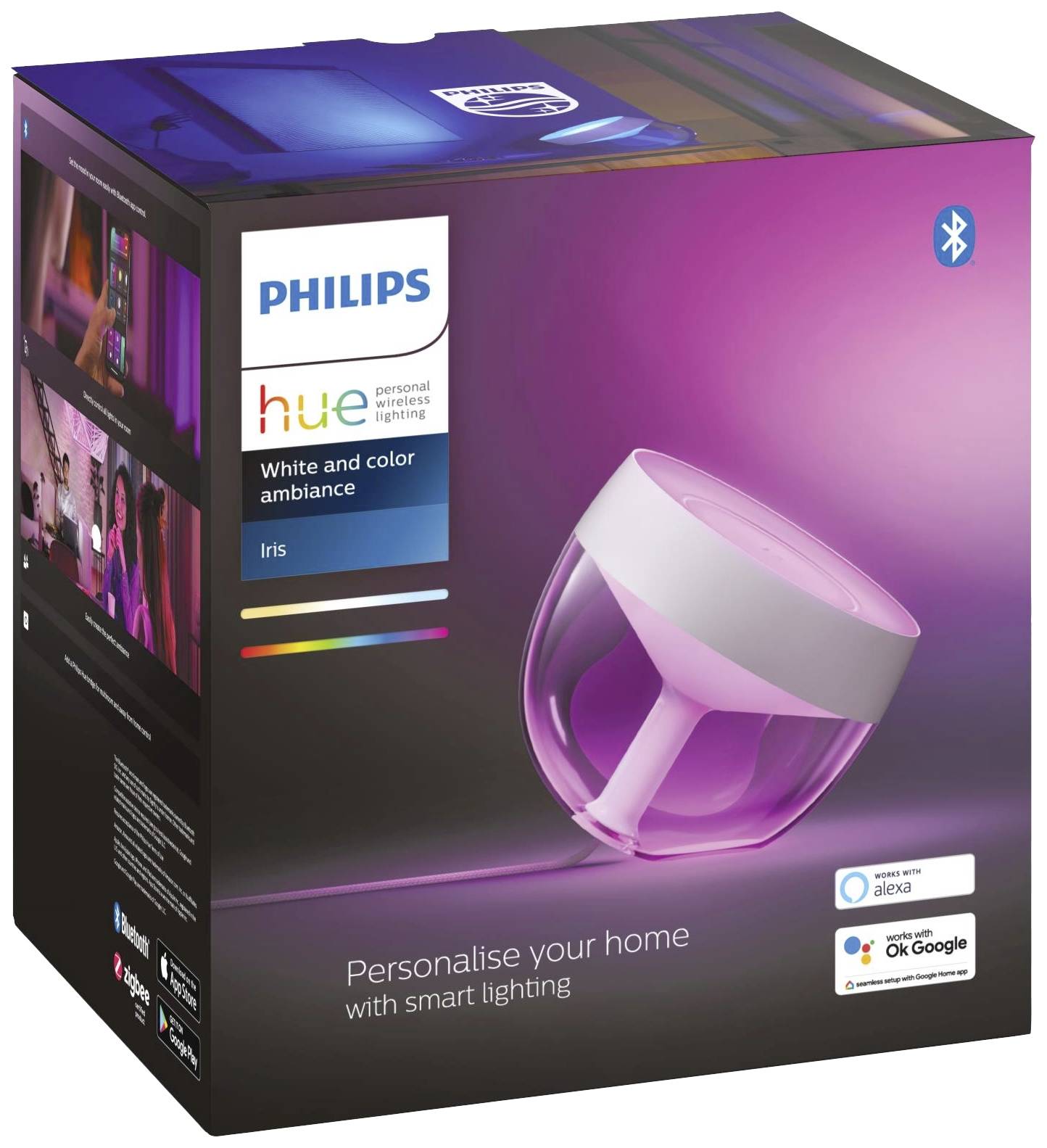 Philips Hue Iris Tischleuchte für farbige und weiße Beleuchtung, kompatibel mit Alexa und Google Assistant, Bluetooth-fähig.